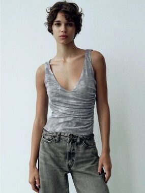Brand NEW ZARA Women's Grey V-Neck Ruched Tank Top